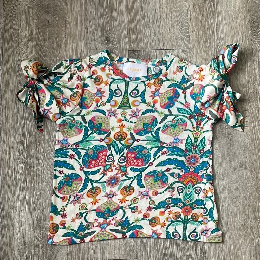 La DoubleJ tree of life mixed media blouse with bow tie sleeves size xs